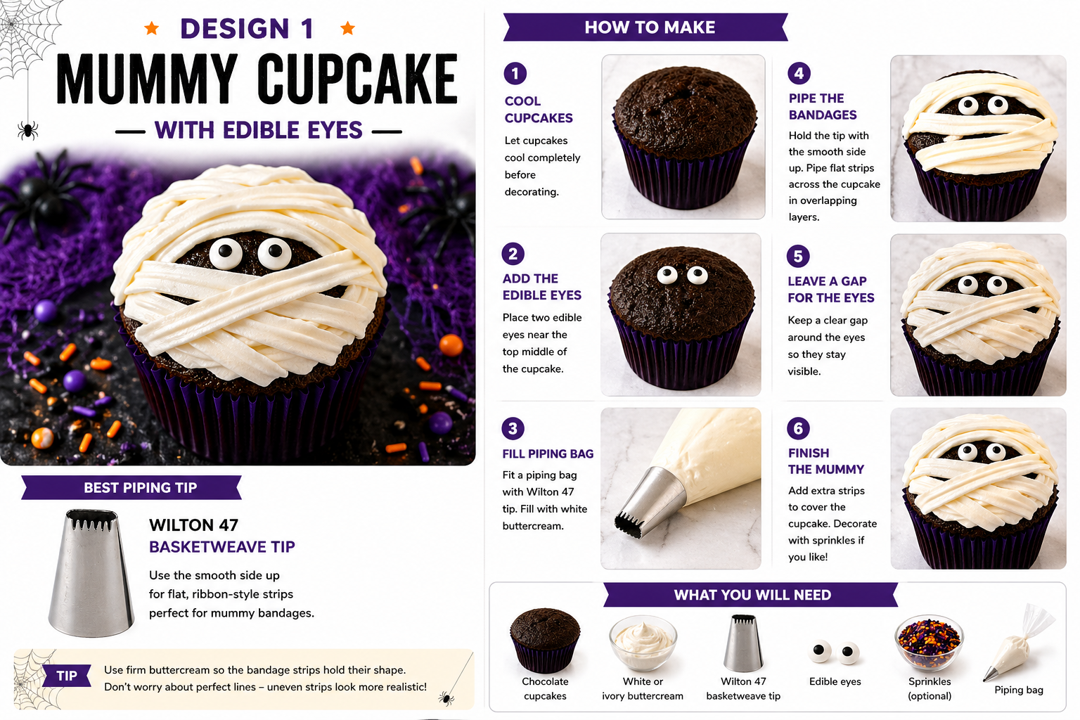 Halloween mummy cupcakes with edible eyes and white buttercream bandages — Little Moment Studio