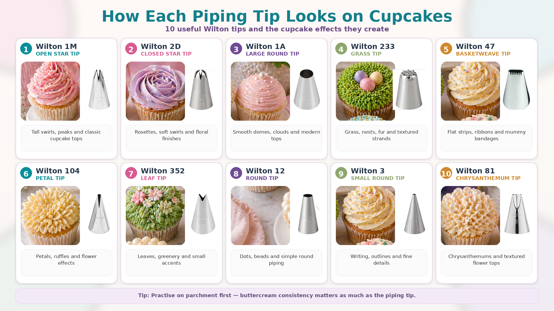 Reference image showing what each piping tip looks like on cupcakes — swirls, rosettes, domes, nests and textured finishes side by side