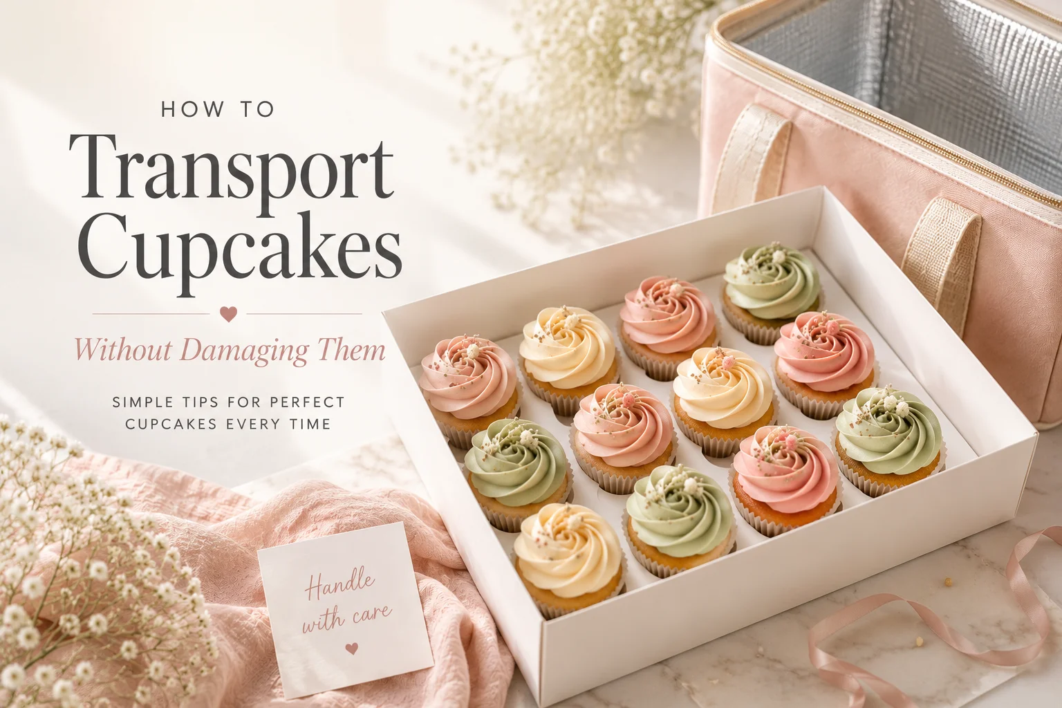 Open white cupcake box with individual inserts holding pastel pink, cream and sage green rose swirl cupcakes with gypsophila sprinkles, next to a pink insulated cool bag and a Handle with Care tag, styled on a marble surface in Kent