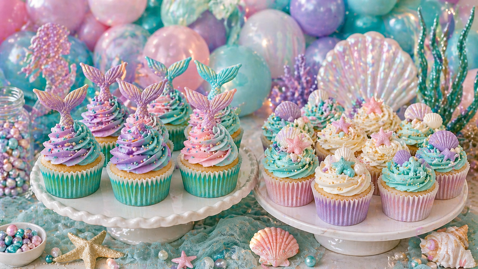 Mermaid dessert table with pastel balloon backdrop, mermaid tail cupcakes and shell rosette cupcakes