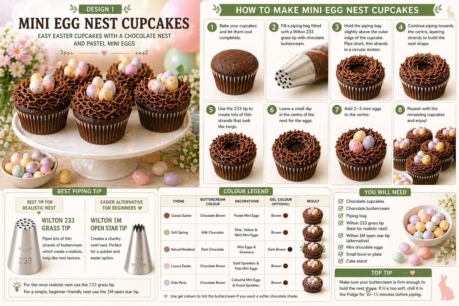 Mini egg nest cupcakes with chocolate buttercream piped into a nest shape and pastel mini eggs in the centre