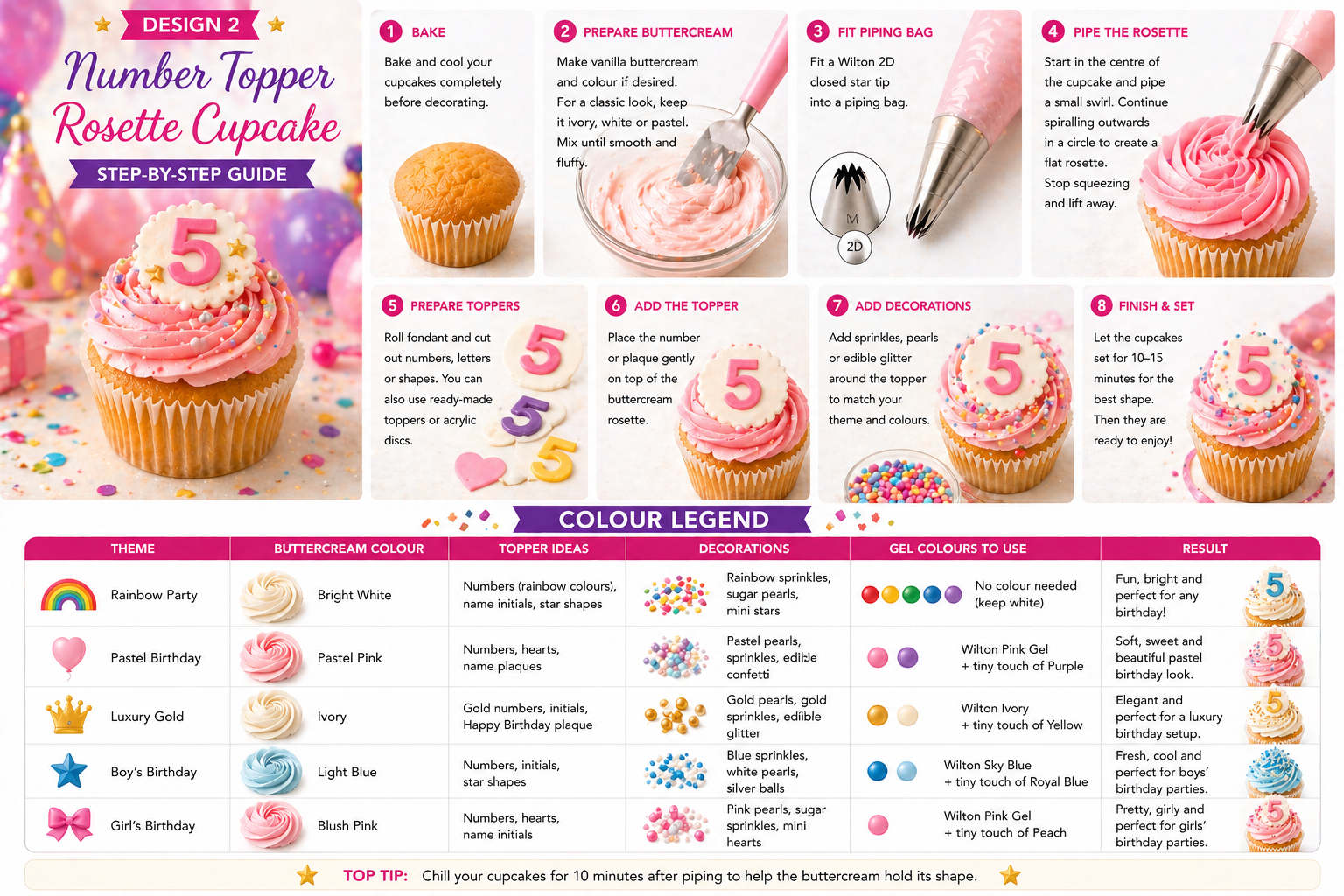 Birthday cupcakes with a soft buttercream rosette and personalised fondant number toppers on a styled party dessert table