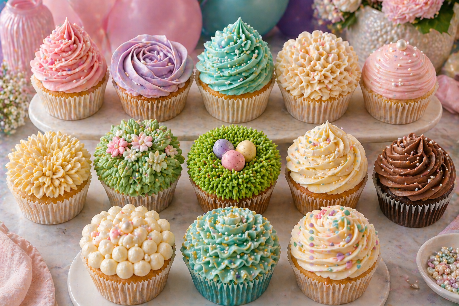 Styled cupcake dessert table showing a mix of piping tip styles — swirls, rosettes and domes arranged together on a celebration table in Maidstone