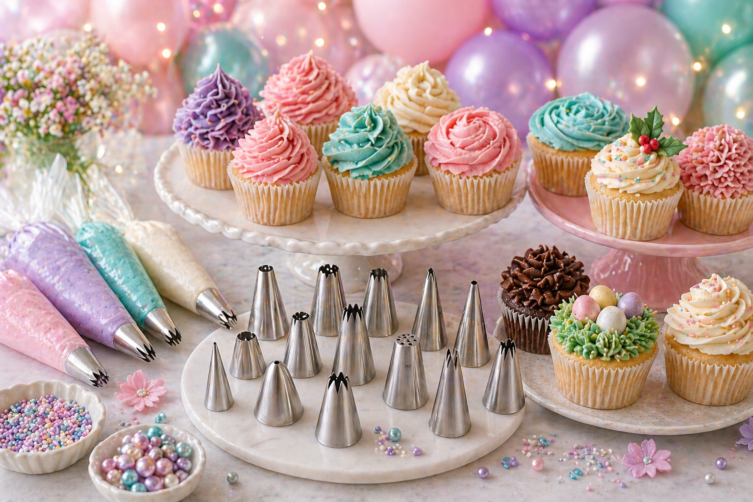 Selection of decorated cupcakes showing different piping tip styles including swirls, rosettes and domes on a styled dessert table in Sittingbourne