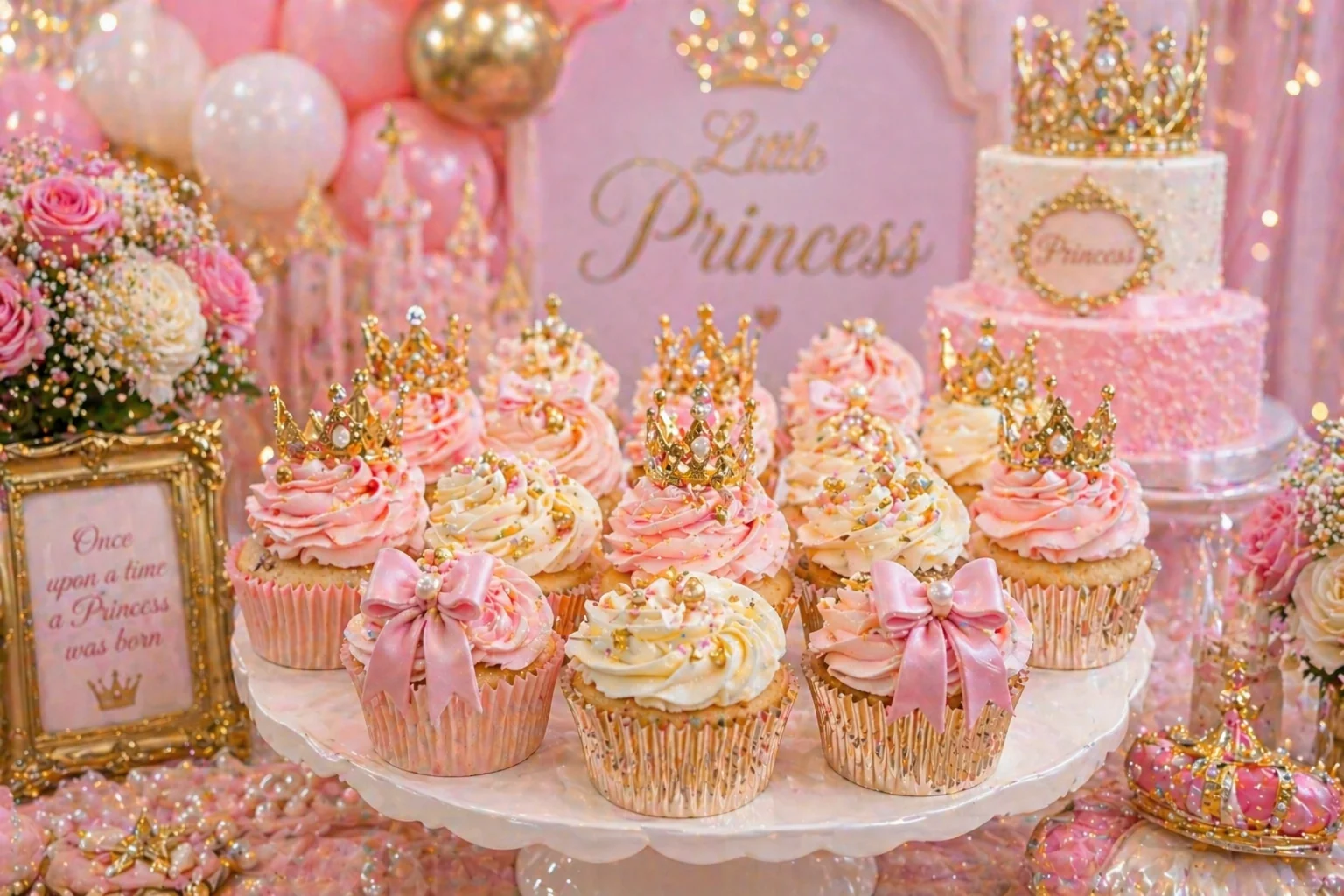 Princess party cupcakes with pink and gold two-colour buttercream crown swirl and bow and pearl rosette designs on a styled dessert table