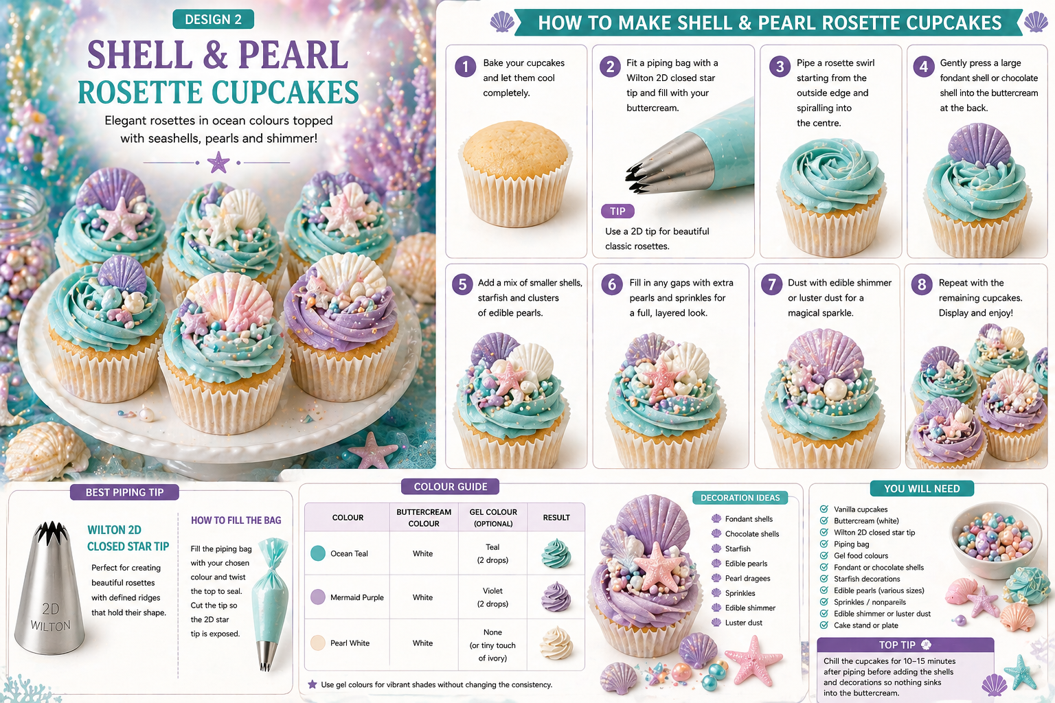Shell and pearl rosette cupcakes with ocean-coloured buttercream, fondant shells and edible pearls