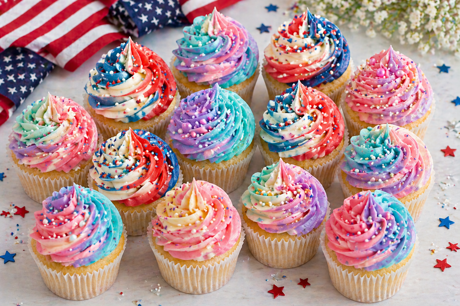 Assorted tri-colour buttercream swirl cupcakes including red, white and blue 4th of July cupcakes with star sprinkles and patriotic decorations