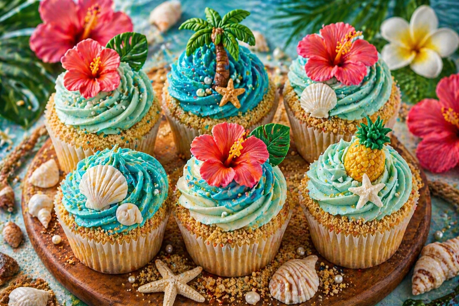 Tropical island cupcakes with aqua ocean wave buttercream, hibiscus flowers, fondant shells, palm leaves, pineapple toppers, pearl sprinkles and sandy biscuit crumb decorations