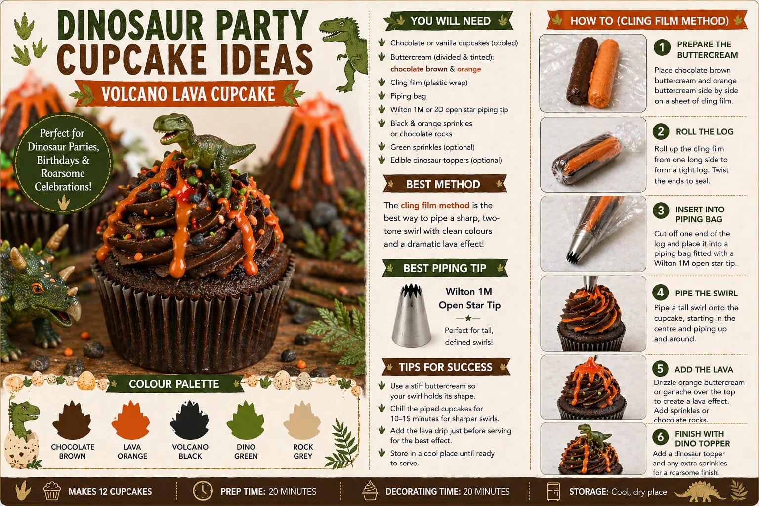 Volcano lava cupcake how-to guide with Wilton 1M piping tip, chocolate and orange buttercream, lava drizzle, dinosaur topper and step-by-step instructions