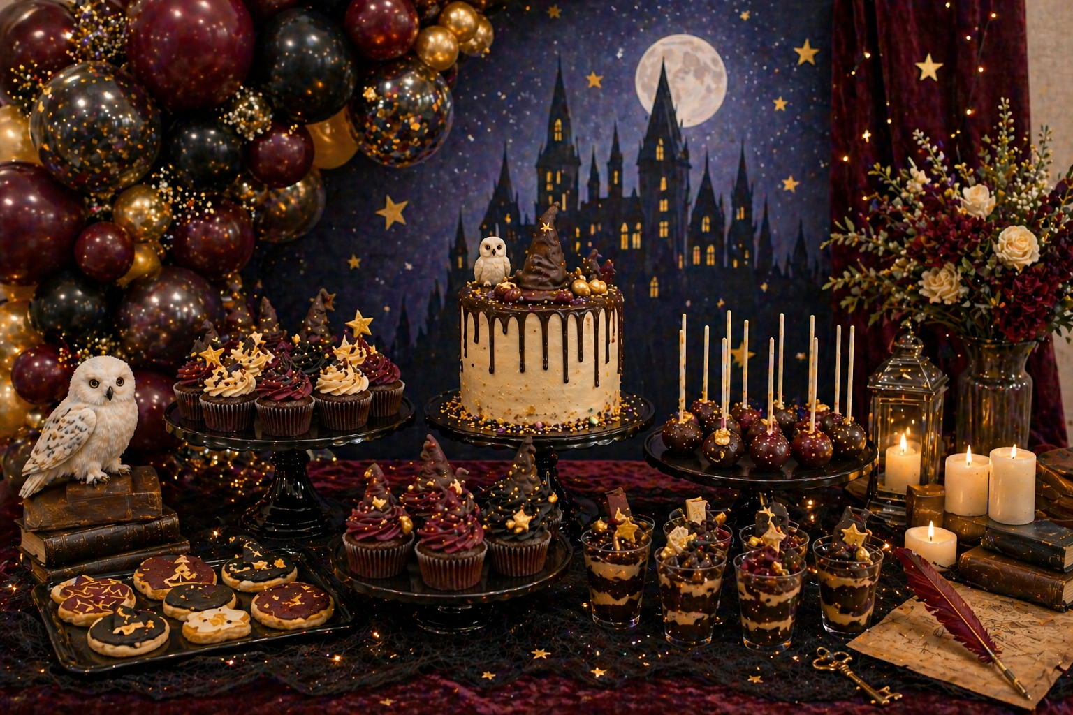 Wizard-themed dessert table with burgundy, black and gold balloons, magical cupcakes, cake, candles, books and castle backdrop