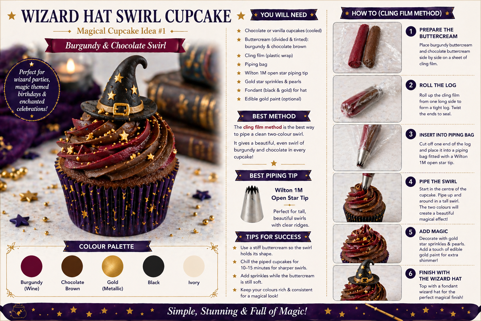 Wizard hat swirl cupcake with burgundy and chocolate buttercream, gold stars and fondant wizard hat topper