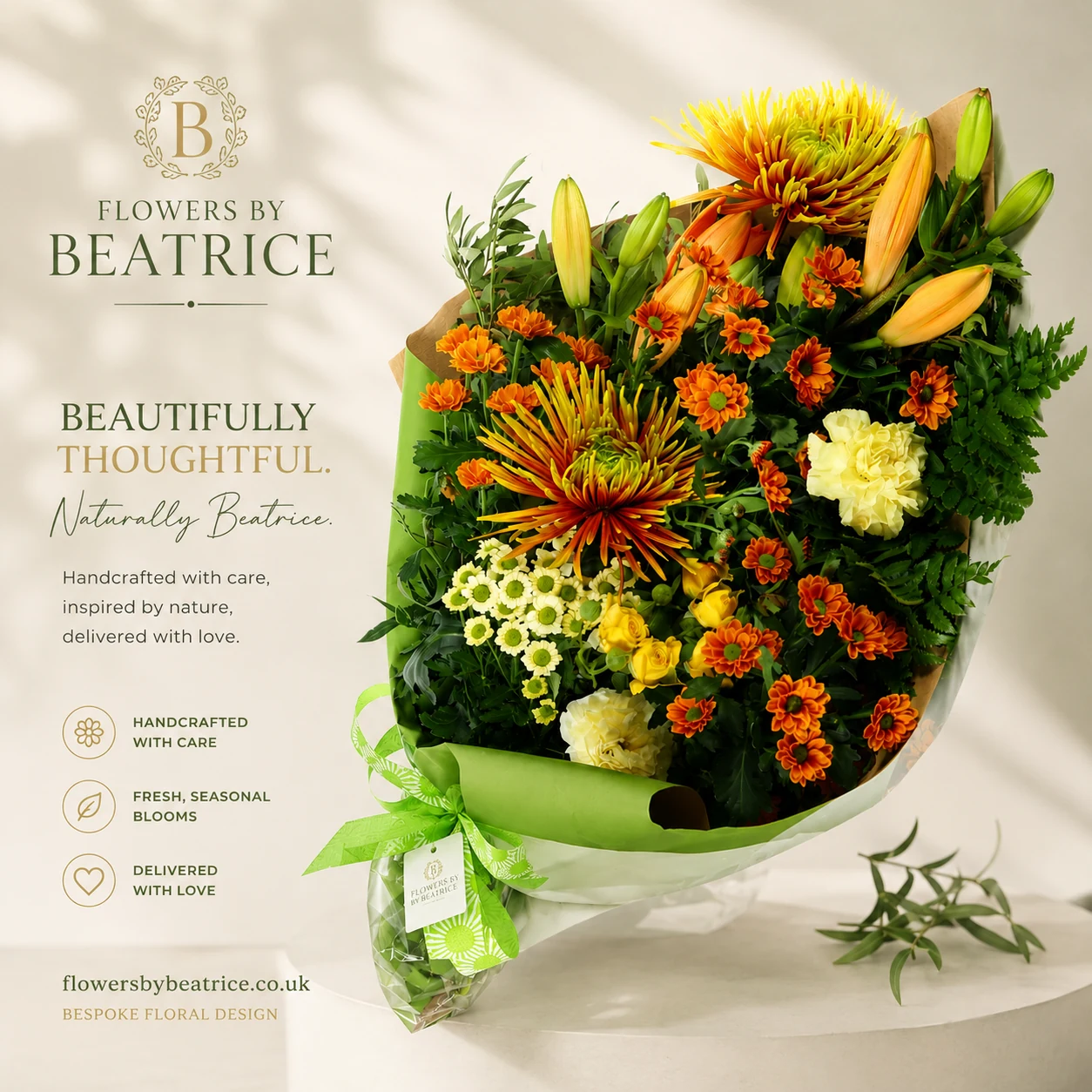 Flowers by Beatrice orange chrysanthemum and lily seasonal bouquet, Kent