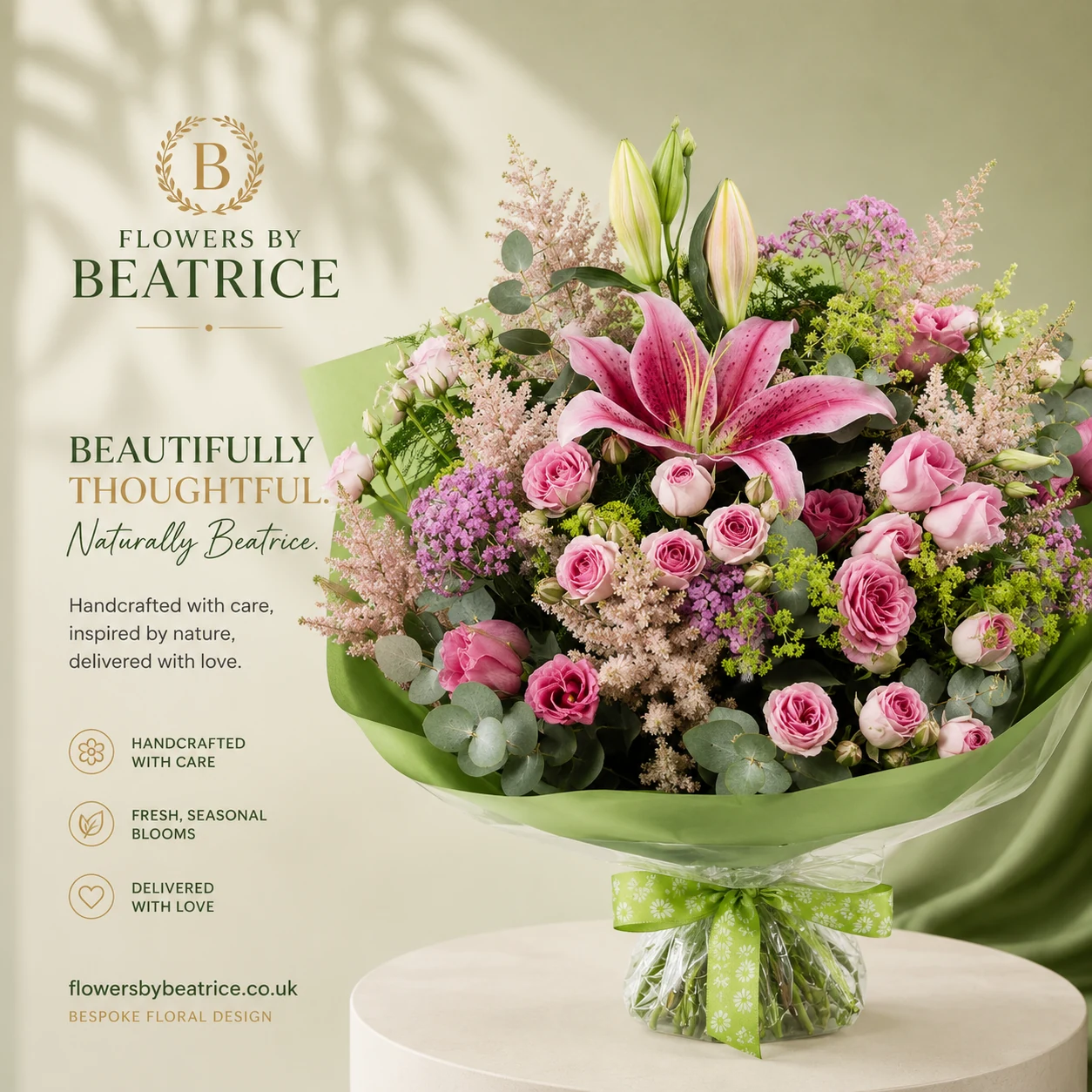 Flowers by Beatrice pink stargazer lily and rose bouquet, Sittingbourne Kent
