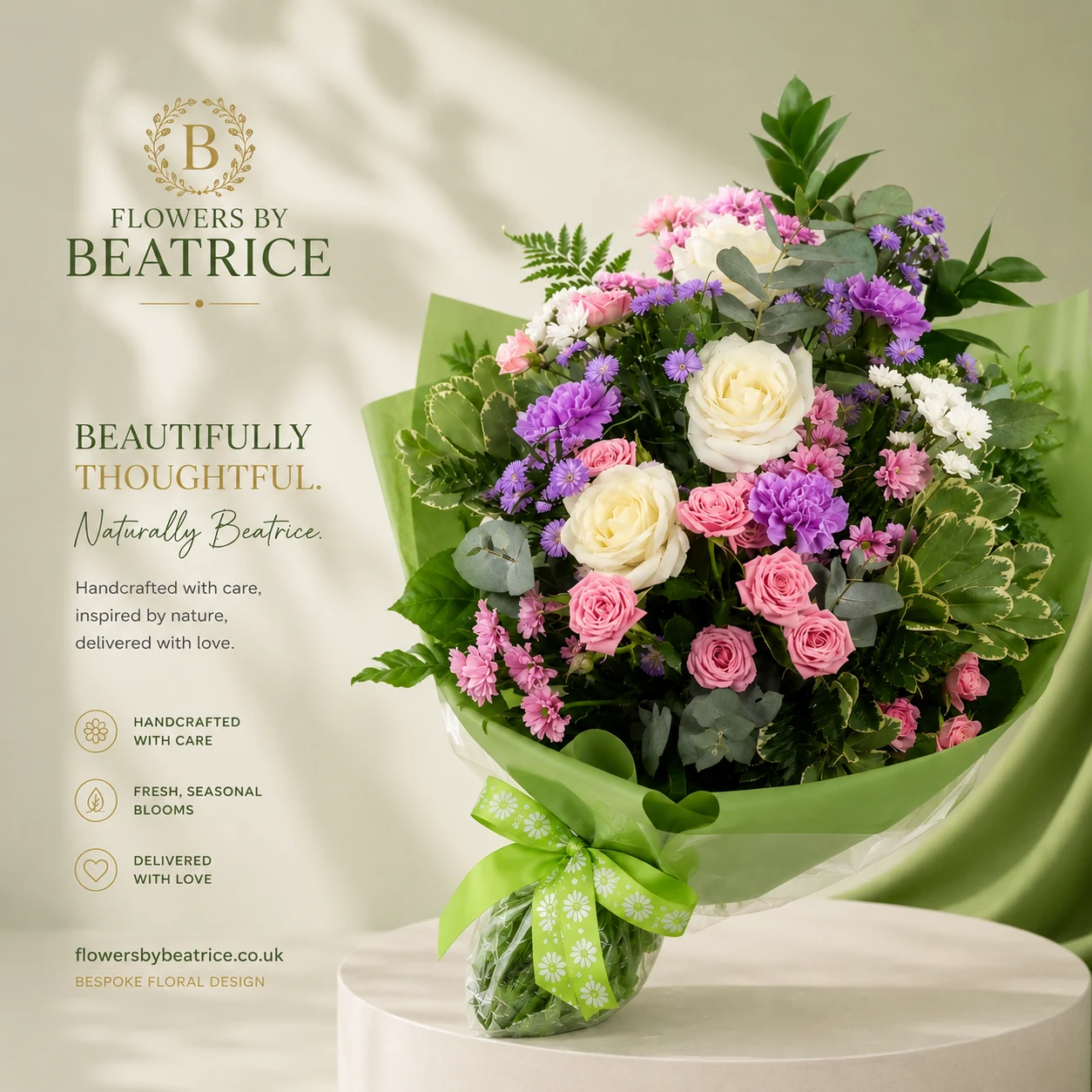 Flowers by Beatrice pink purple and white seasonal bouquet, Sittingbourne Kent