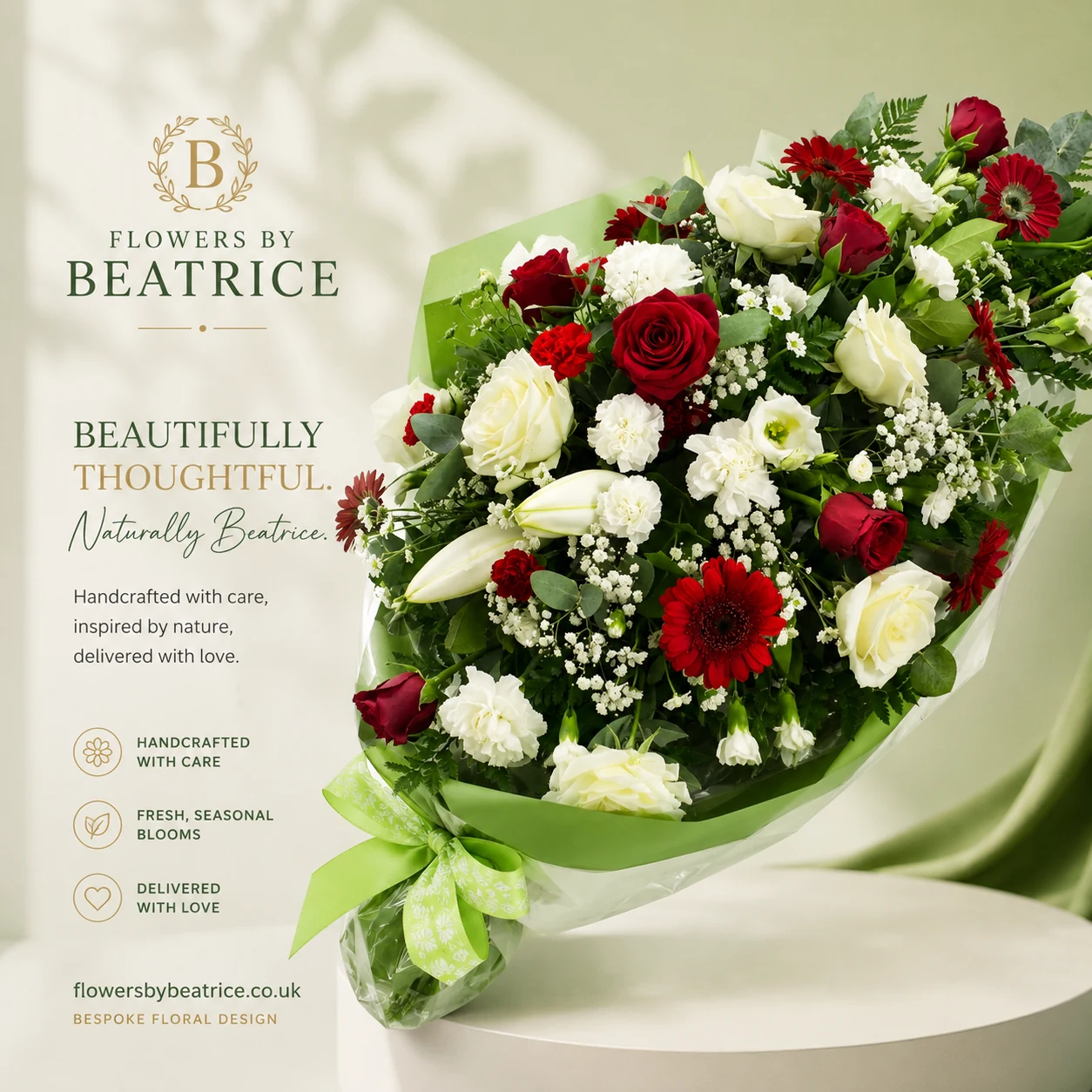 Flowers by Beatrice red and white rose celebration bouquet, Sittingbourne Kent
