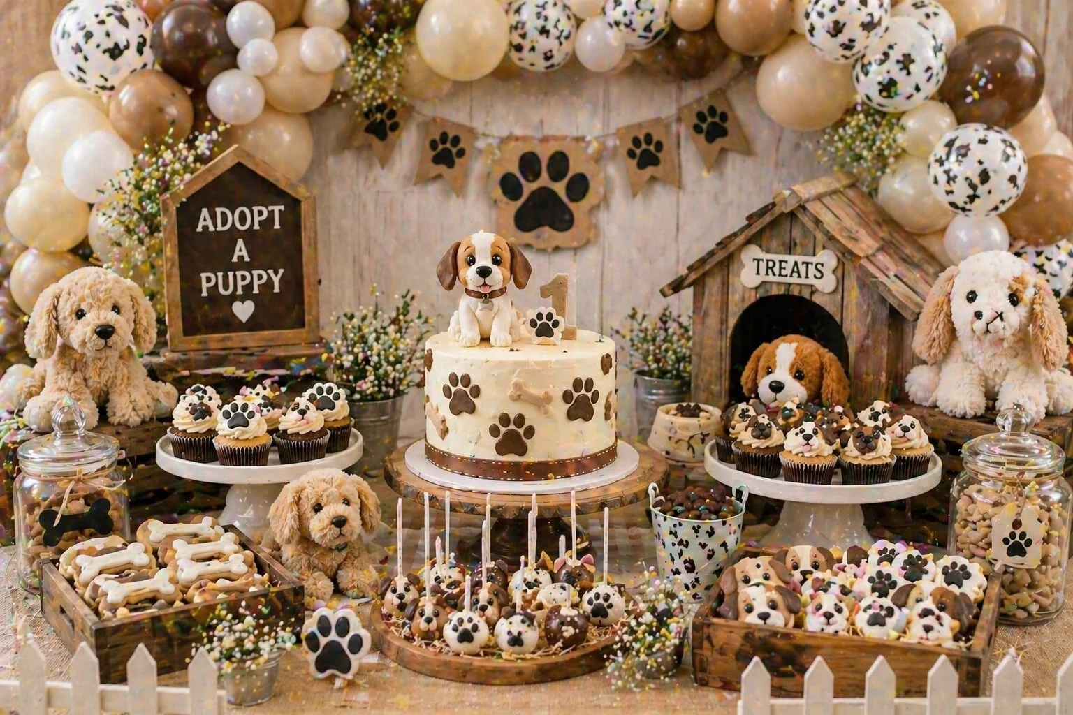 Adopt-a-puppy party dessert table with neutral balloons, plush puppies, puppy cake, paw-print cupcakes, dog bone cookies, treat jars and rustic wooden styling