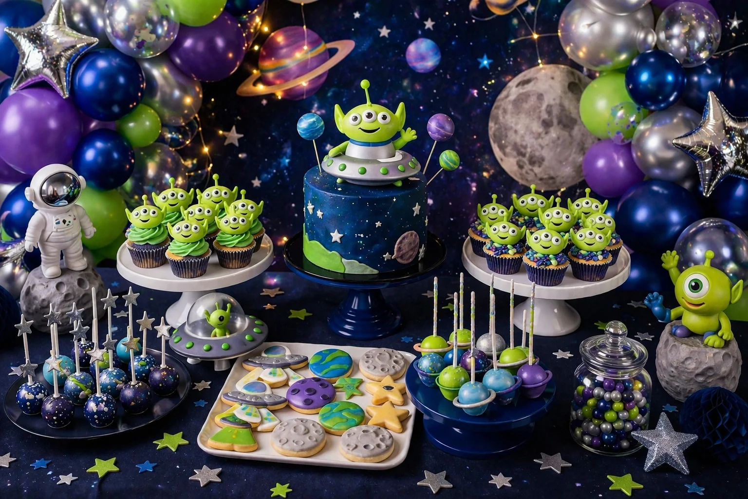 Friendly alien and planet dessert table with cute green alien cupcakes, UFO cookies, galaxy cake pops, silver balloons, star decorations and playful space party styling