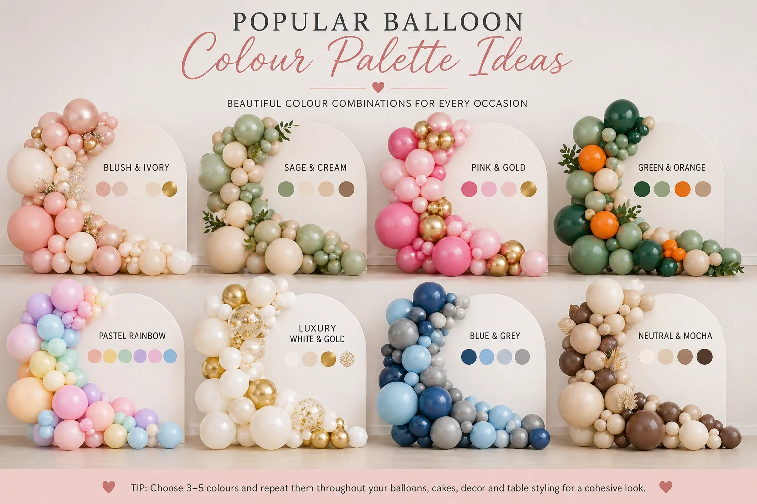 Baby shower balloon colour palette ideas with blush, ivory, sage, champagne and dusty rose examples, plus coordinated cake, cupcakes and sweet treats.