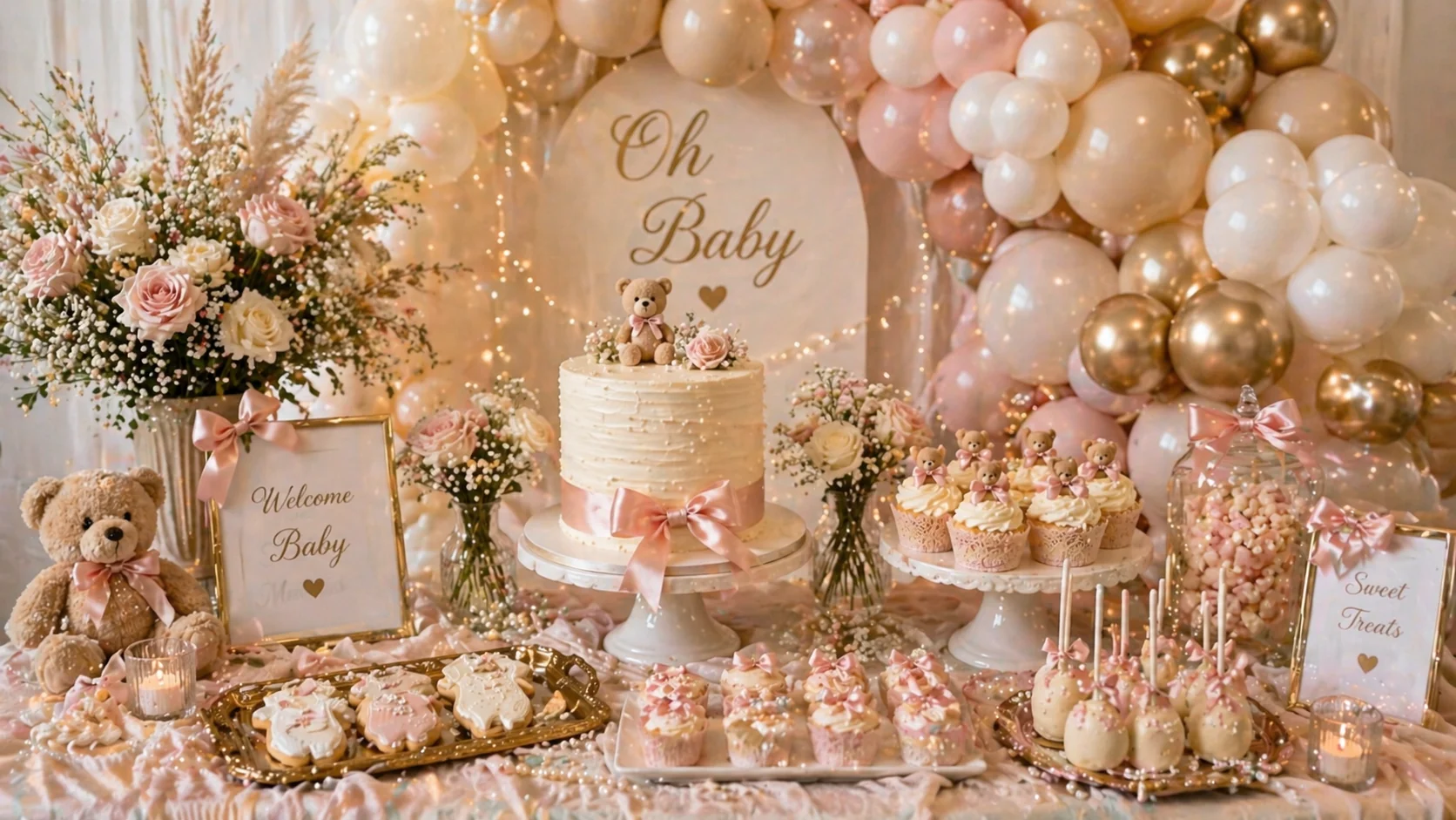 Elegant baby shower dessert table with blush, ivory and champagne balloon garland, cake, cupcakes, teddy bear details and soft florals