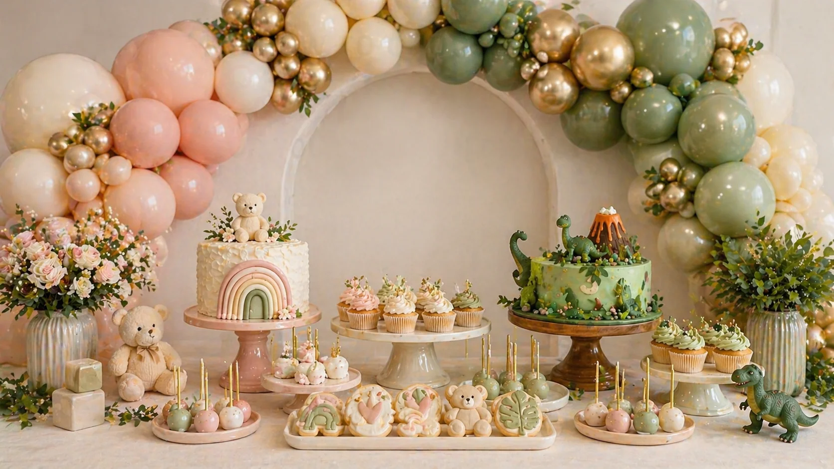 Balloon colour palette guide with baby shower, princess party, dinosaur party, teddy bear and pastel rainbow colour examples with coordinated cakes and cupcakes.