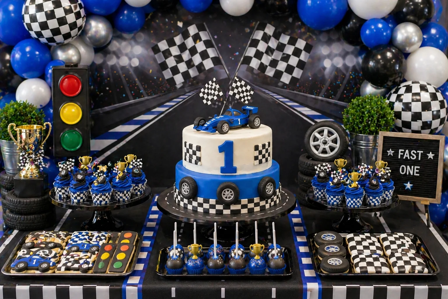 Blue race car first birthday dessert table with blue, black, white and silver balloons, racing car cake, checkerboard cupcakes, tyre cookies, trophy cake pops and racetrack styling