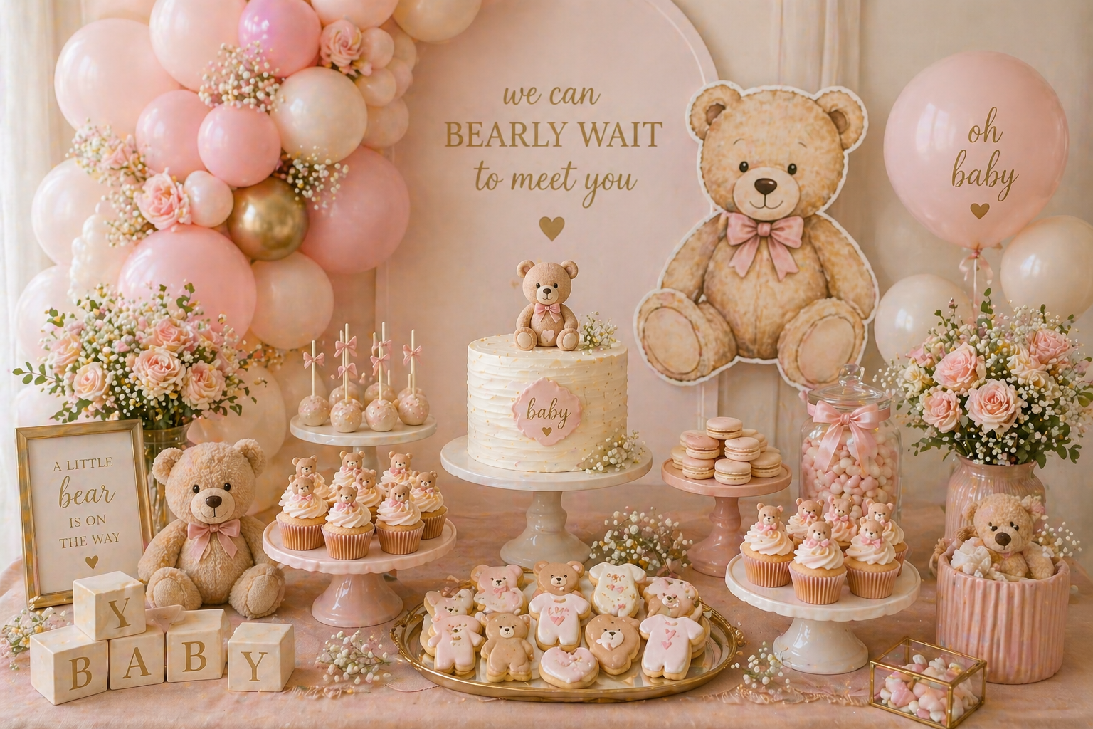 Blush pink teddy bear baby shower dessert table with pink and ivory balloons, teddy bear cake, cupcakes, cookies, macarons, soft florals and gold accents.