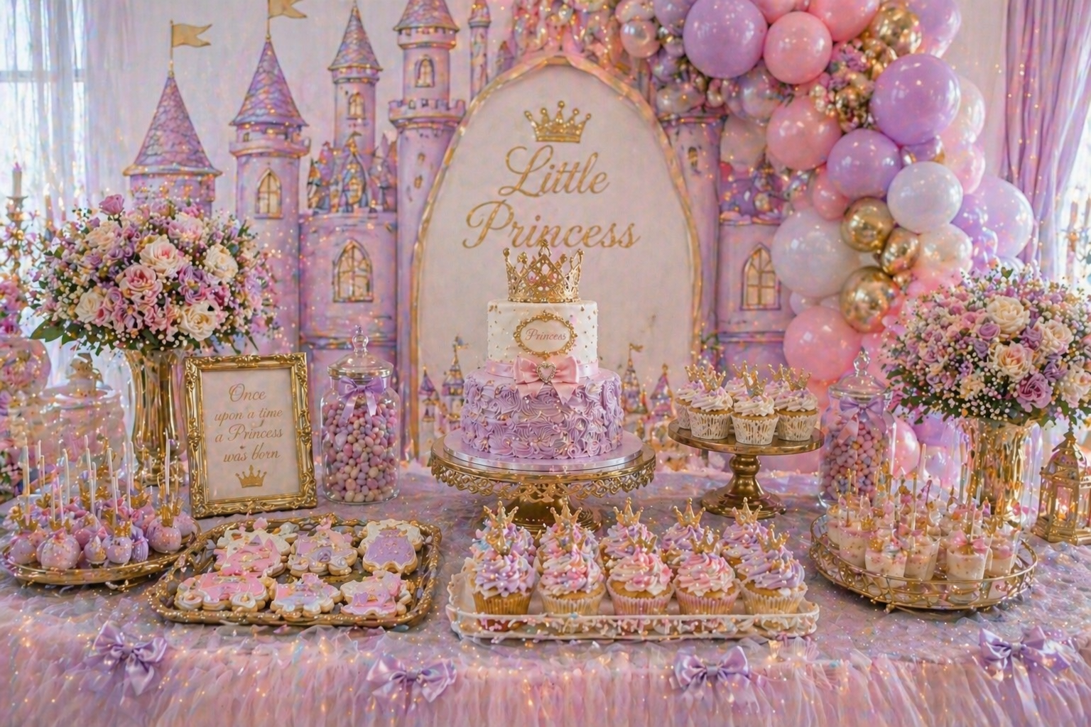 Castle-inspired princess party dessert table with pastel pink and lilac balloons, crown cake, cupcakes, cookies, cake pops and fairytale backdrop