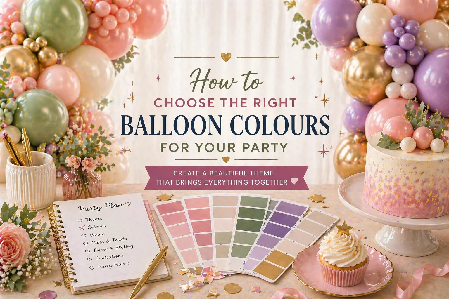Party planning hero image with pastel balloon garlands, colour swatches, cake, cupcakes and notebook showing how to choose the right balloon colours for a party