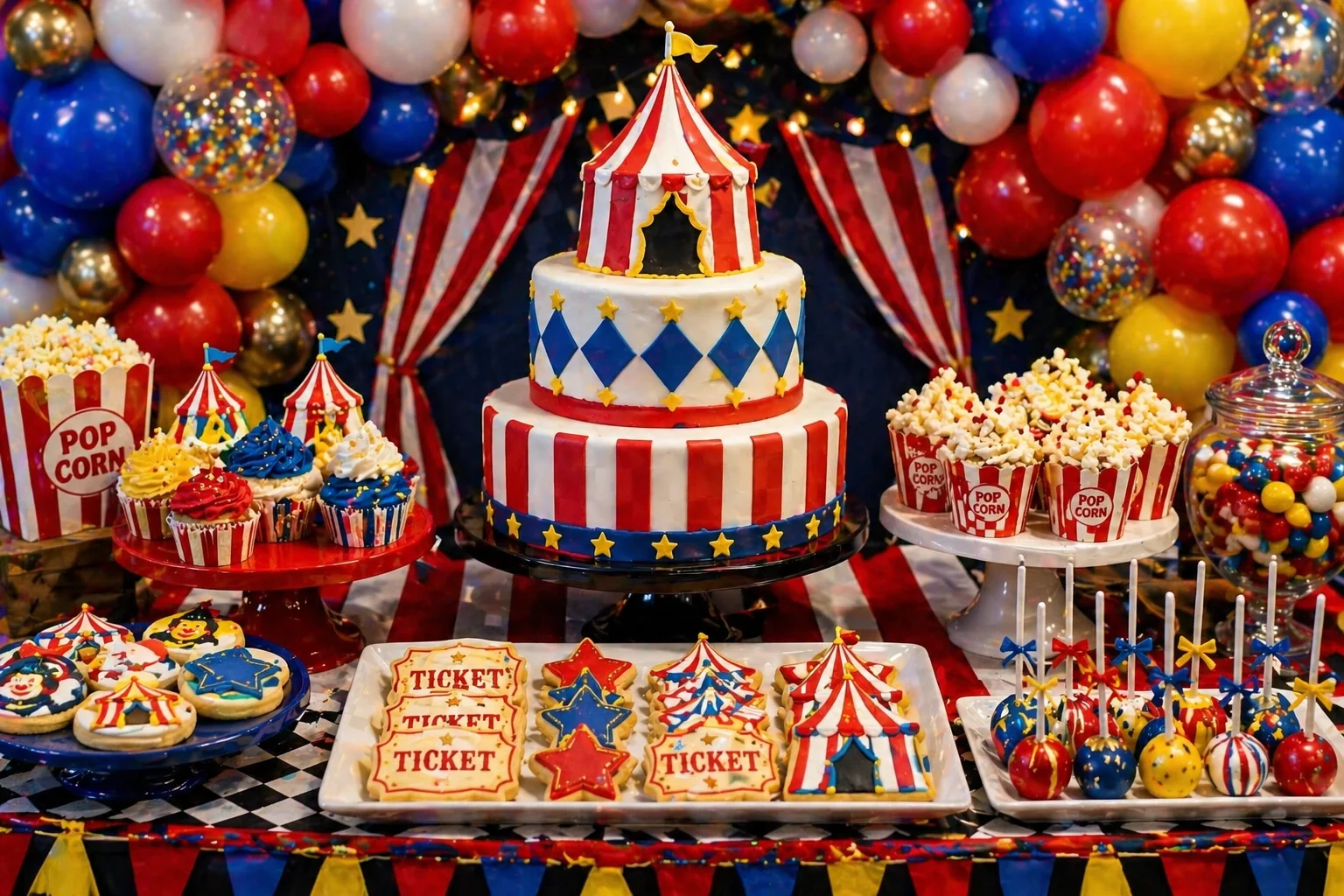 Close-up circus cake and cupcake display with big top cake, striped cupcakes, star cookies, popcorn treats, cake pops and red, white, yellow and blue party styling