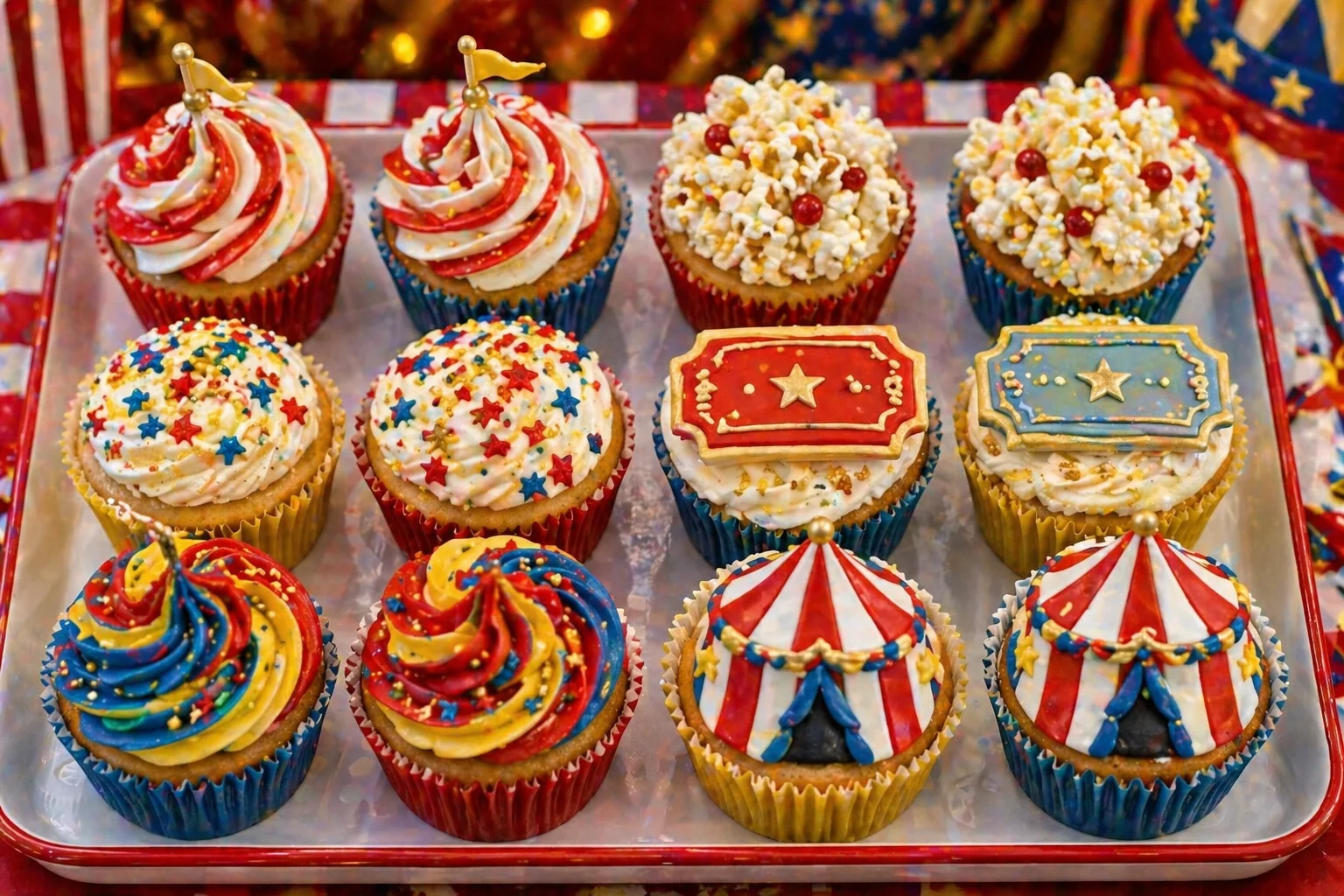 Tray of assorted circus cupcakes with red and white swirls, popcorn toppings, star sprinkles, circus tent toppers and red, yellow, blue and gold party colours