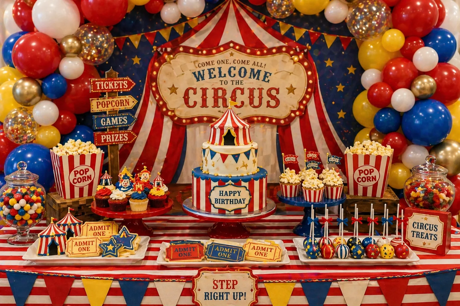 Circus party dessert table with red, white, yellow and blue balloon garland, big top cake, popcorn cupcakes, ticket cookies, candy jars and classic circus styling