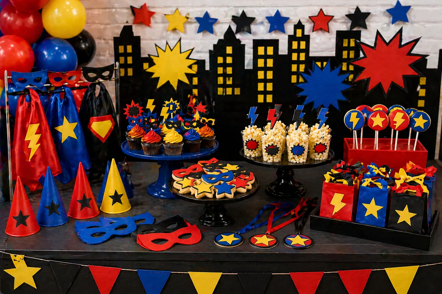 Comic book superhero party dessert table with navy, black, gold and yellow balloon garland, city skyline backdrop, superhero cake, cupcakes, lightning bolt cookies and star decorations