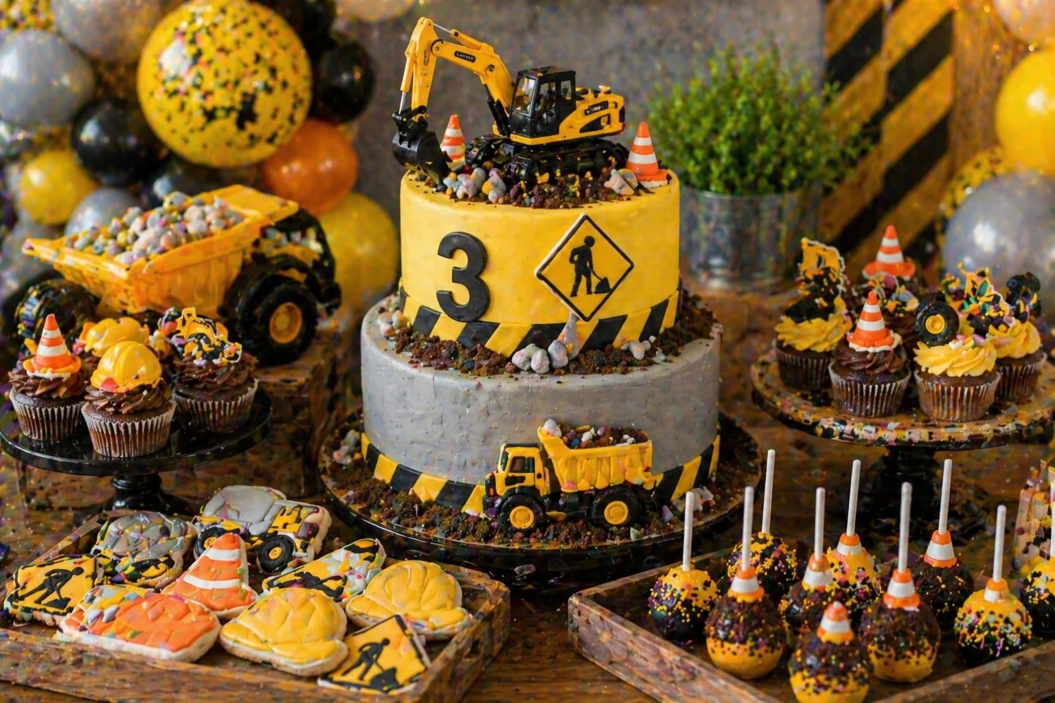 Close-up construction party cake and cupcake display with digger cake, traffic cone cupcakes, hard hat cookies, road sign cookies, chocolate dirt crumbs and yellow, black and grey styling