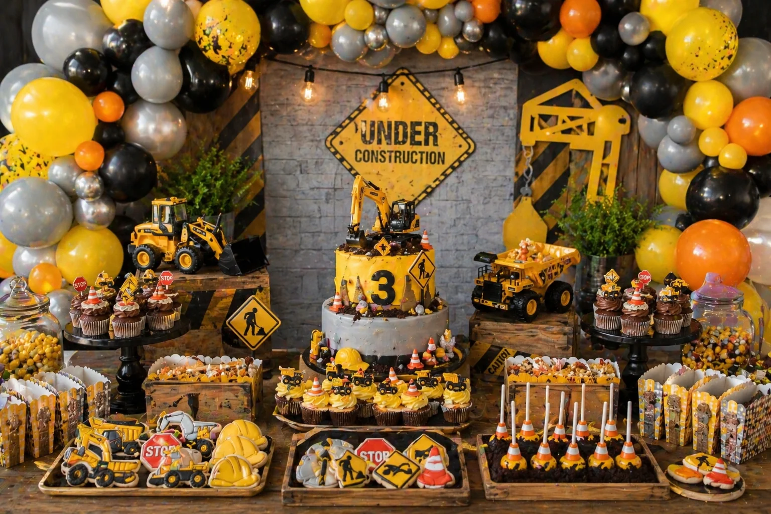 Construction party dessert table with yellow, black, grey and orange balloon garland, digger birthday cake, construction cupcakes, road sign cookies, traffic cone cake pops and toy truck props