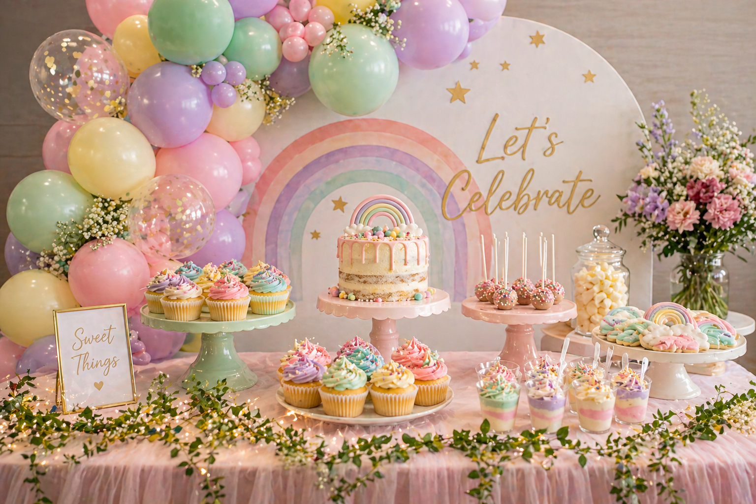 Pastel children's party dessert table with cupcakes, cake, balloons, rainbow styling and sweet treats