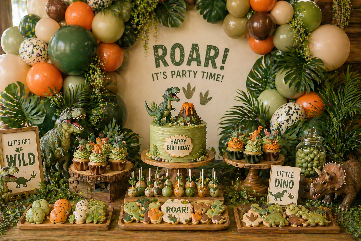 Dinosaur party dessert table with green, beige and orange balloon garland, jungle leaves, dinosaur birthday cake, cupcakes, cookies and themed treats.