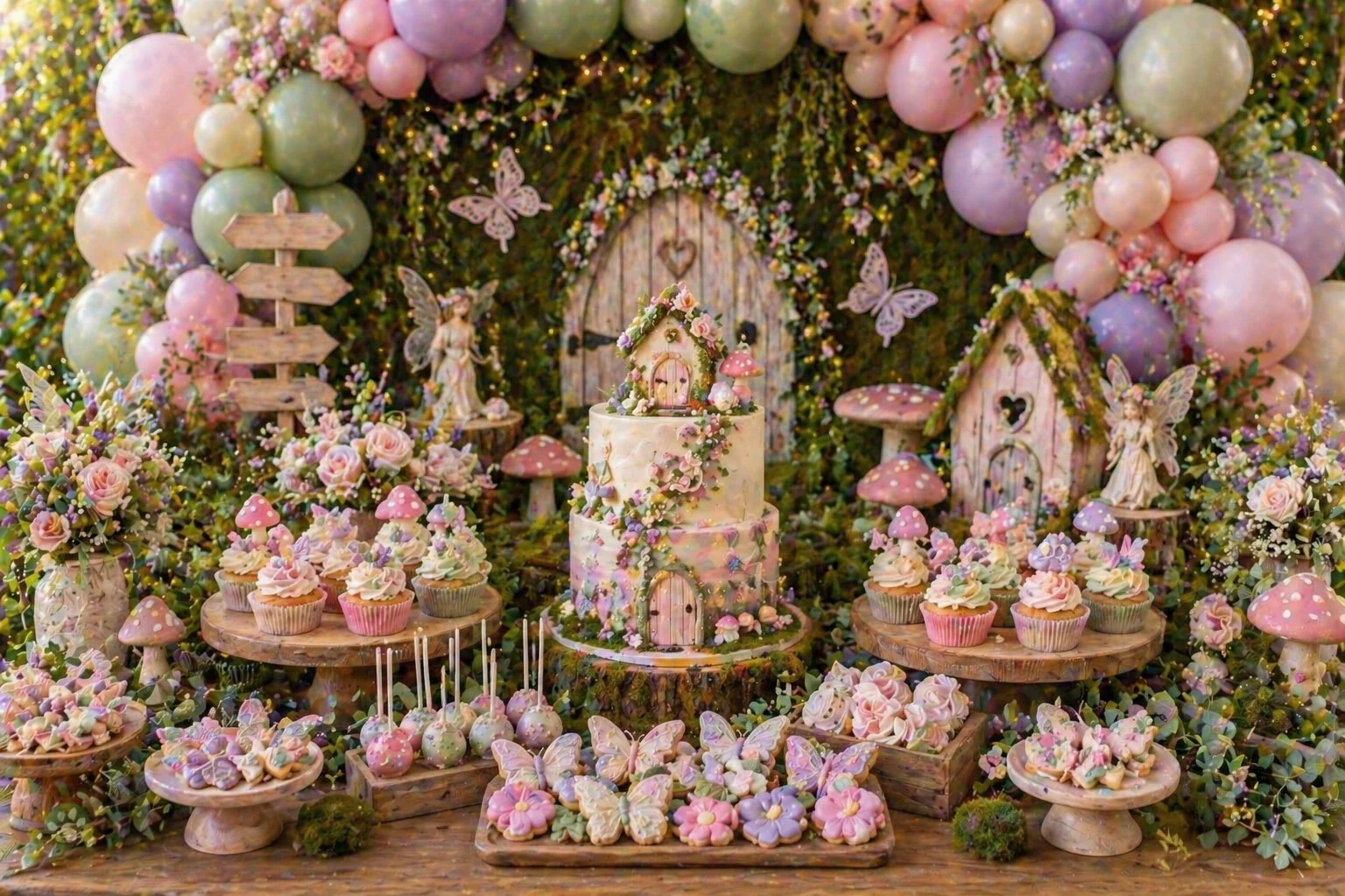 Fairy party dessert table with blush, lilac, sage and ivory balloon garland, woodland cake, flower cupcakes, butterfly cookies, toadstool decorations and soft garden styling