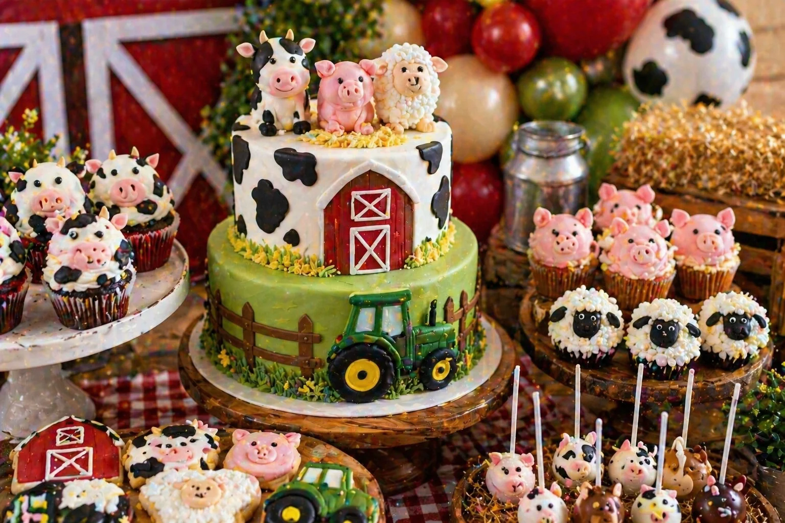 Close-up farm party cake and cupcake display with cow, pig and sheep toppers, tractor details, barn cookies, cake pops and rustic farm styling