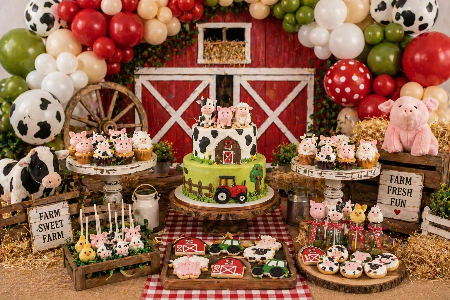 Farm party dessert table with barnyard backdrop, red, cream and green balloon garland, farm animal cake, cow and pig cupcakes, tractor cookies and rustic hay bale styling
