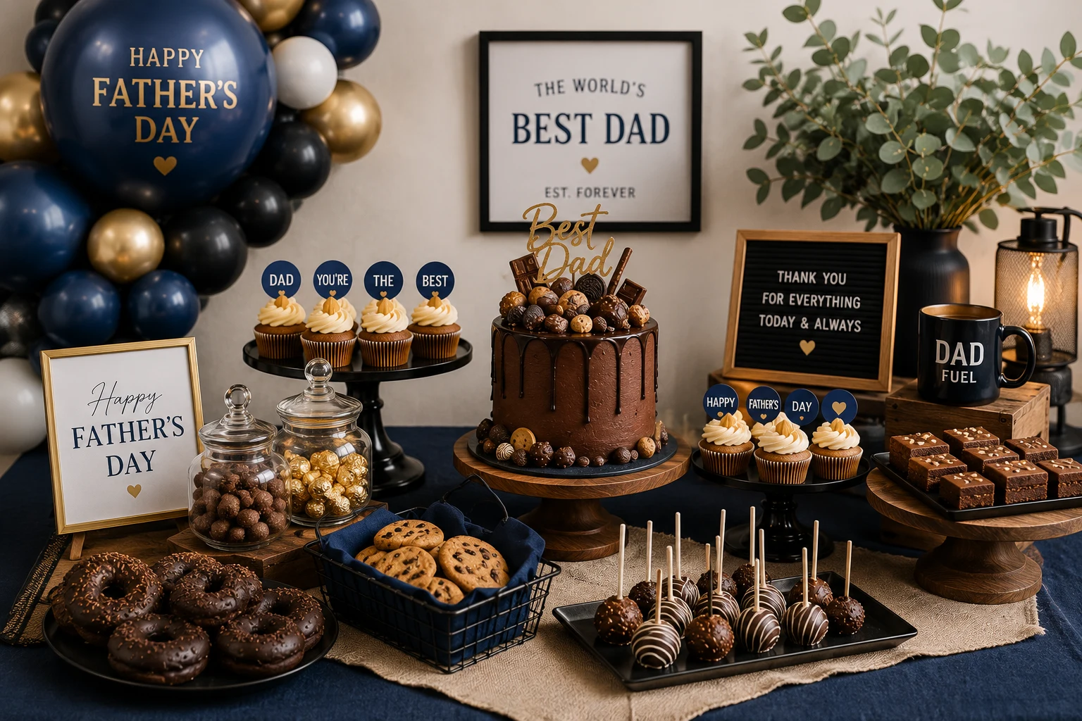 Father's Day dessert table with navy, white and gold organic balloon garland, chocolate drip cake, cake pops, cookies and Best Dad framed print — balloon styling inspiration from Little Moment Studio, Kent