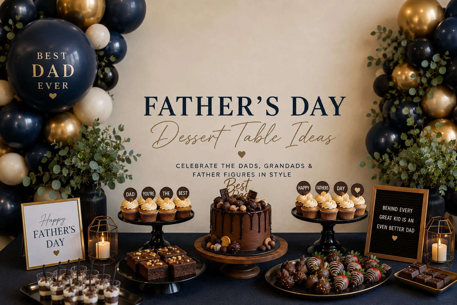 Father's Day dessert table with navy and gold balloon garland arch, Best Dad Ever balloon, chocolate drip cake, vanilla cupcakes, brownies and chocolate-dipped strawberries — styled dessert table inspiration from Little Moment Studio, Sittingbourne, Kent
