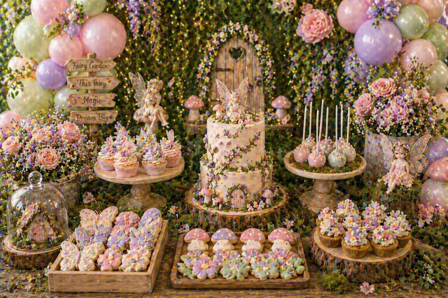 Floral fairy treat table with pastel flower cupcakes, butterfly cookies, toadstool treats, cake pops, mossy garden props, soft balloons and woodland fairy styling