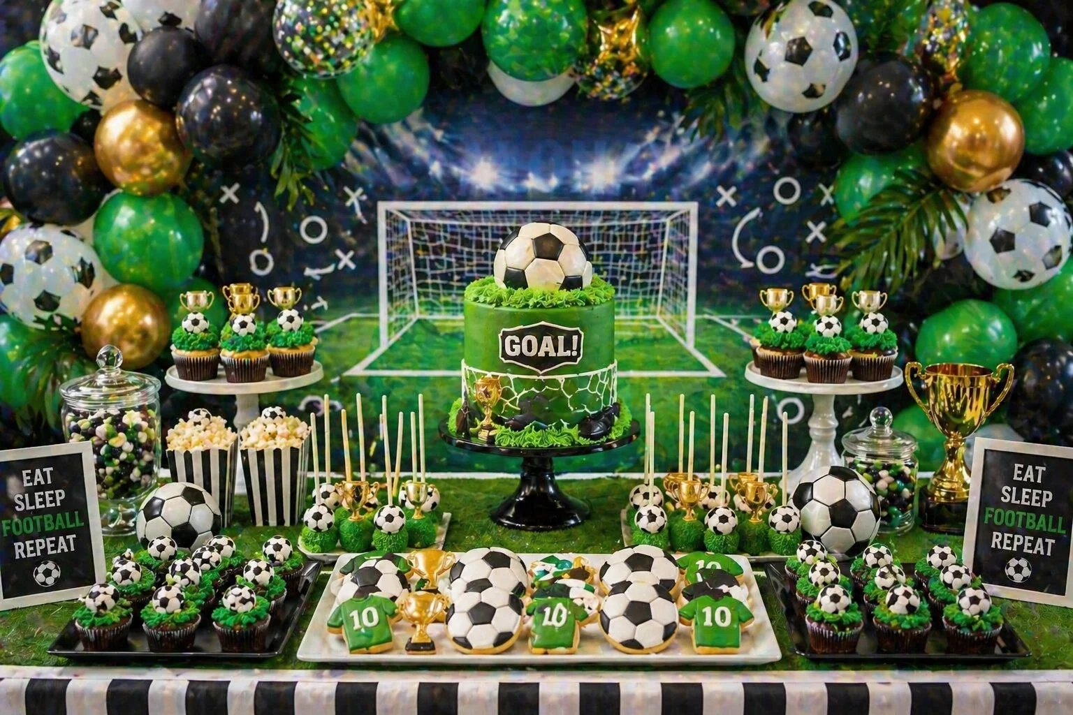 Football party dessert table with green, black, white and gold balloon garland, football cake, goal backdrop, grass cupcakes, football cookies, trophy cake pops and pitch-style styling