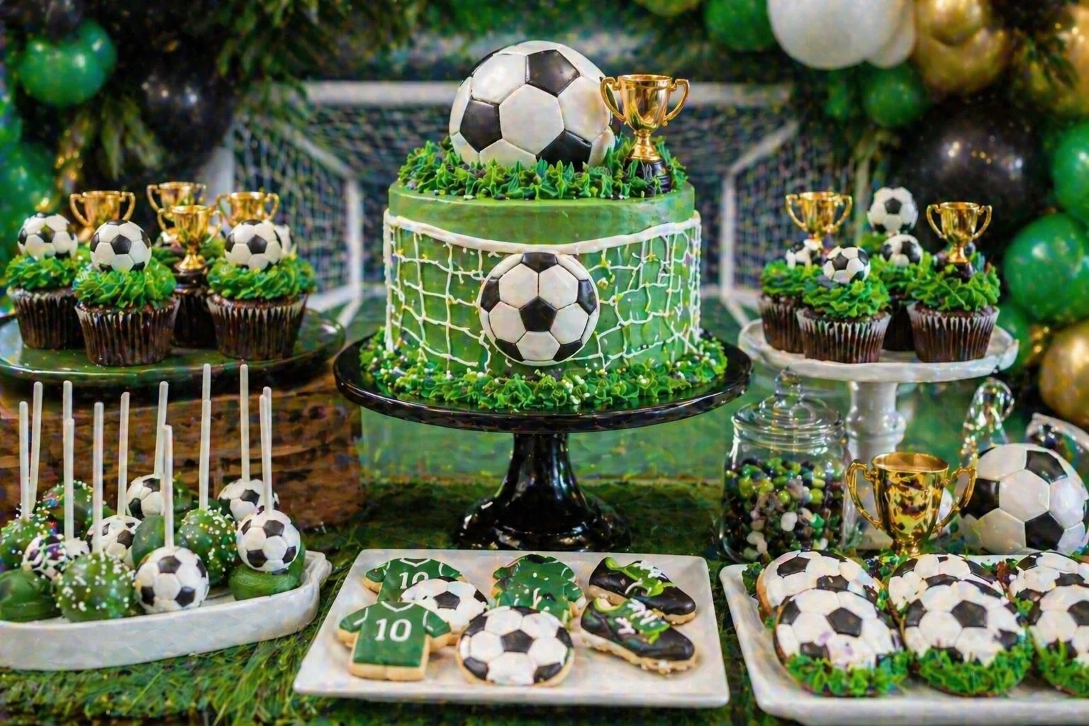 Close-up football party cake and cupcake display with green pitch cake, football cupcakes, trophy cake pops, football cookies, jersey cookies and black, white, green and gold styling