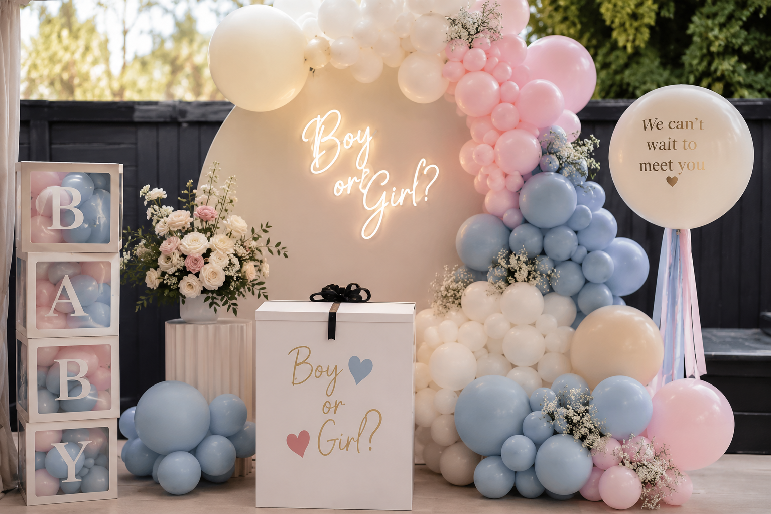 Gender reveal balloon styling Maidstone — pink and blue garland with circular backdrop and reveal box by Little Moment Studio Kent