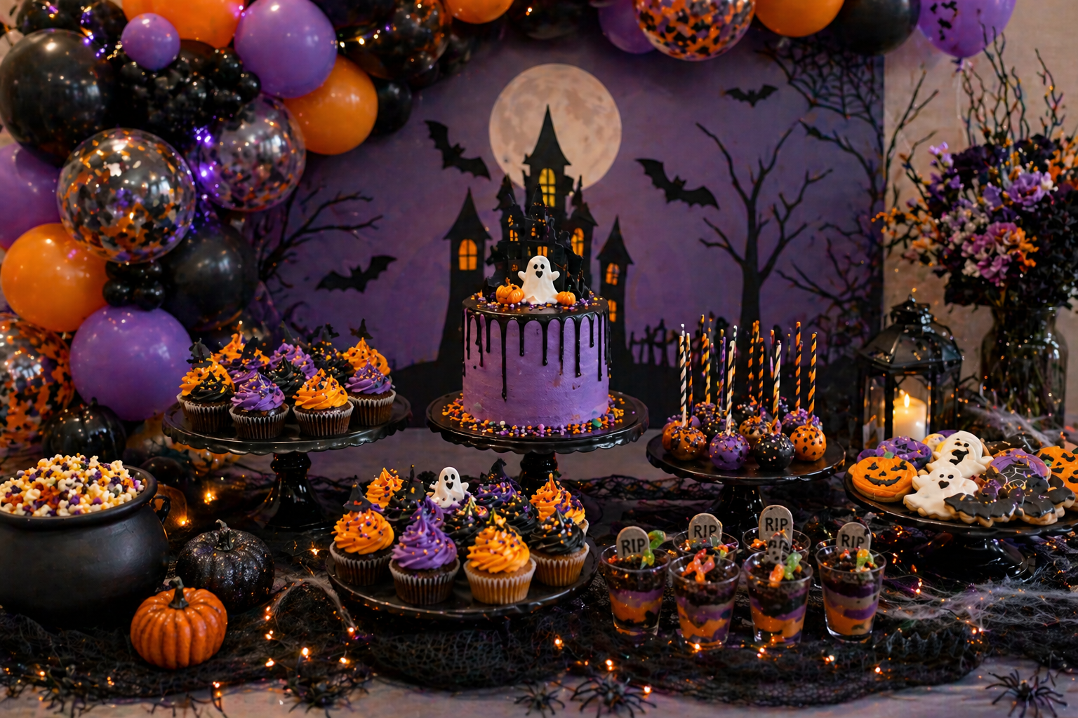 Halloween children's party dessert table with black, orange and purple balloon garland, cupcakes, cake pops, cookies and spooky decorations