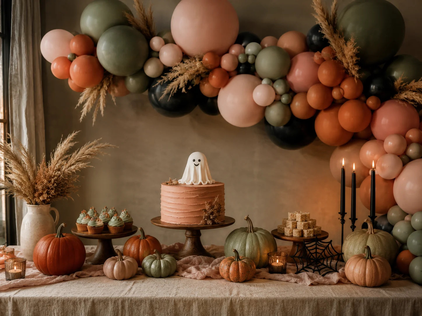 Spooky boho Halloween dessert table with a blush, sage and terracotta balloon garland with black accents, pampas grass, a smiling ghost cake topper and mixed pumpkins — styled by Little Moment Studio, Kent