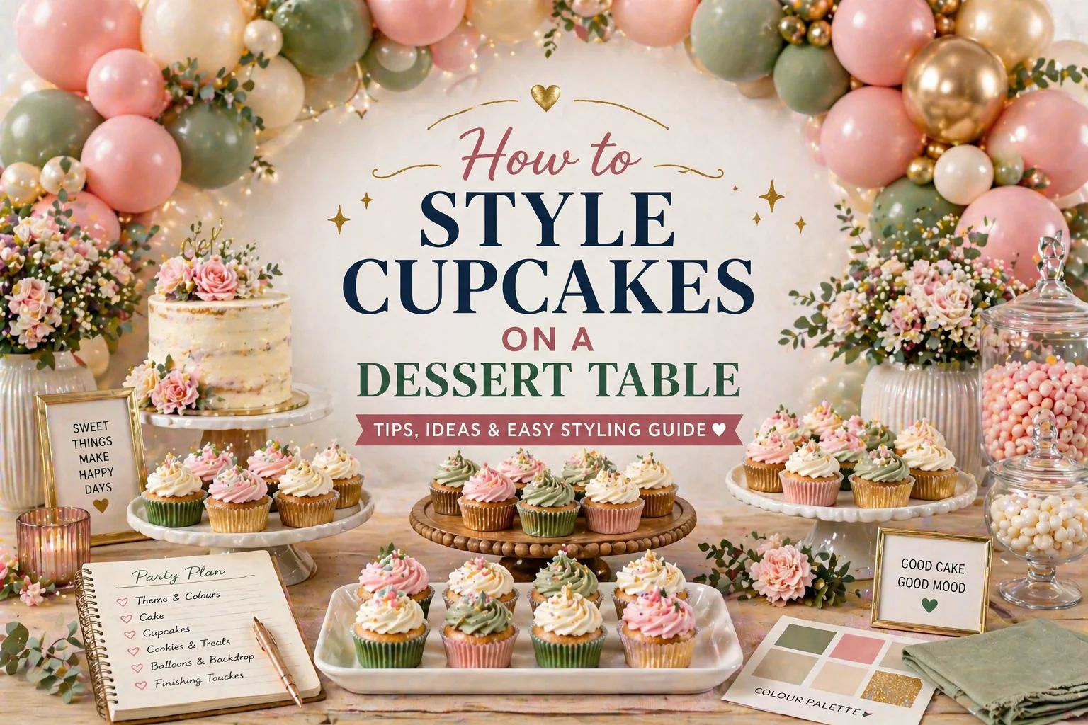 Dessert table styled with cupcakes on stands and trays, cake, balloons, colour palette cards and flowers showing how to style cupcakes on a dessert table