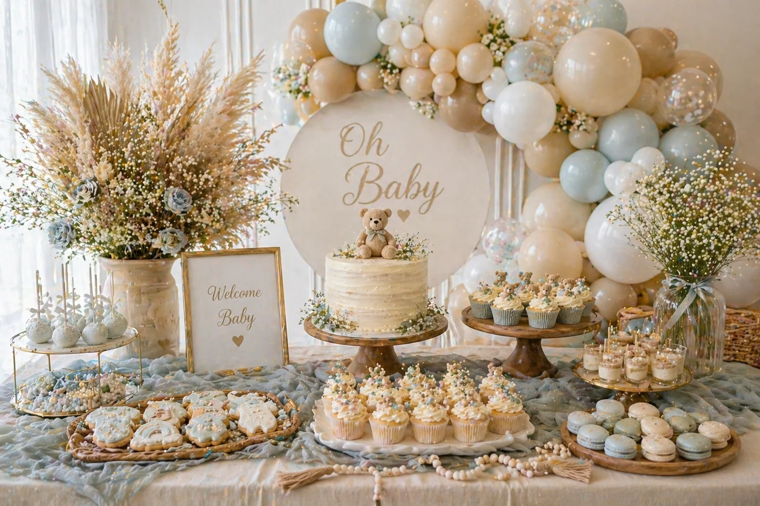 Neutral boho baby shower dessert table with pampas grass, dried florals, wooden stands, semi-naked cake, cupcakes and ivory balloon garland