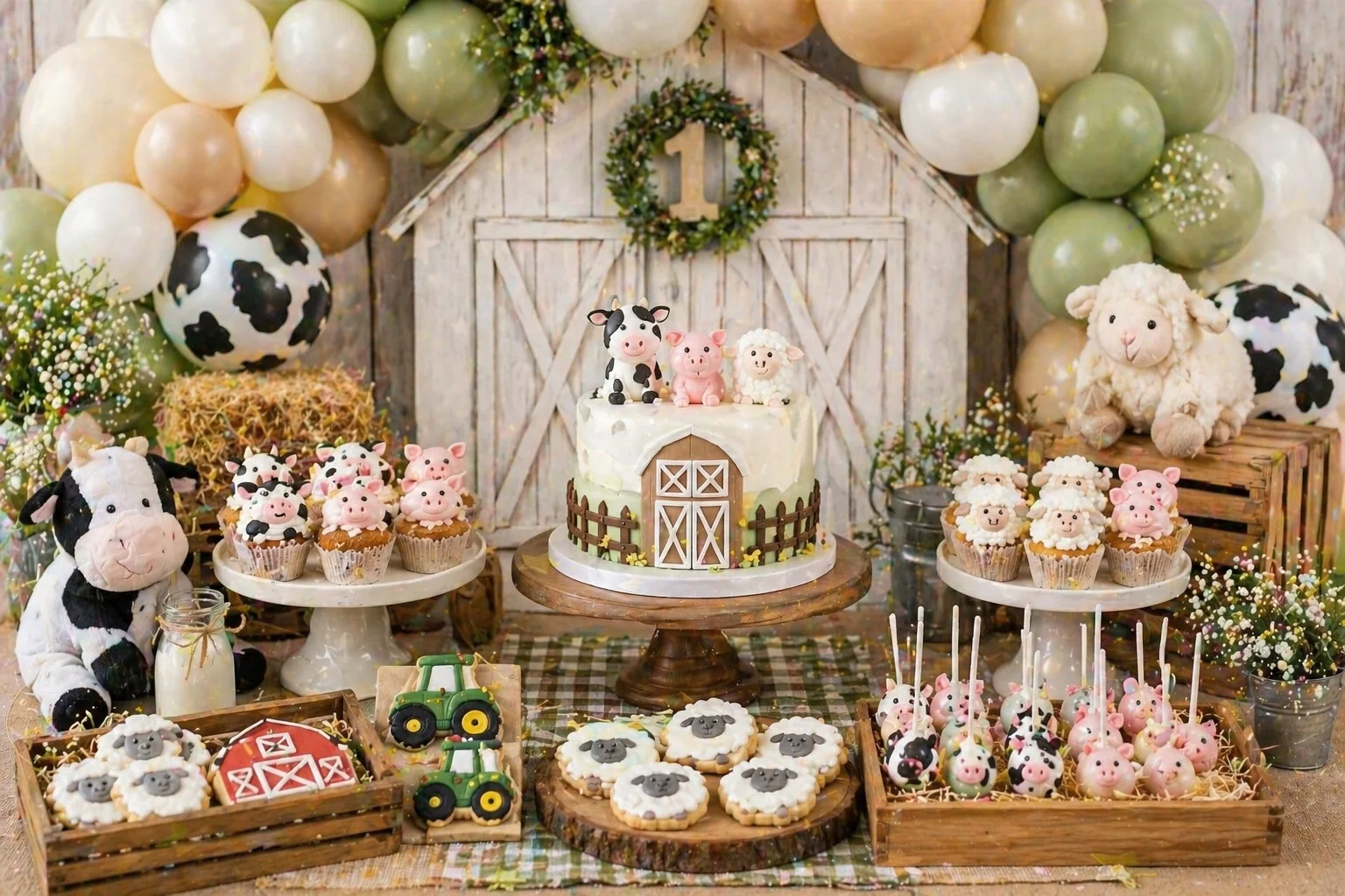 Soft neutral farm first birthday dessert table with sage, cream and beige balloons, barn cake, cow, pig and sheep cupcakes, tractor cookies, wooden crates and rustic styling
